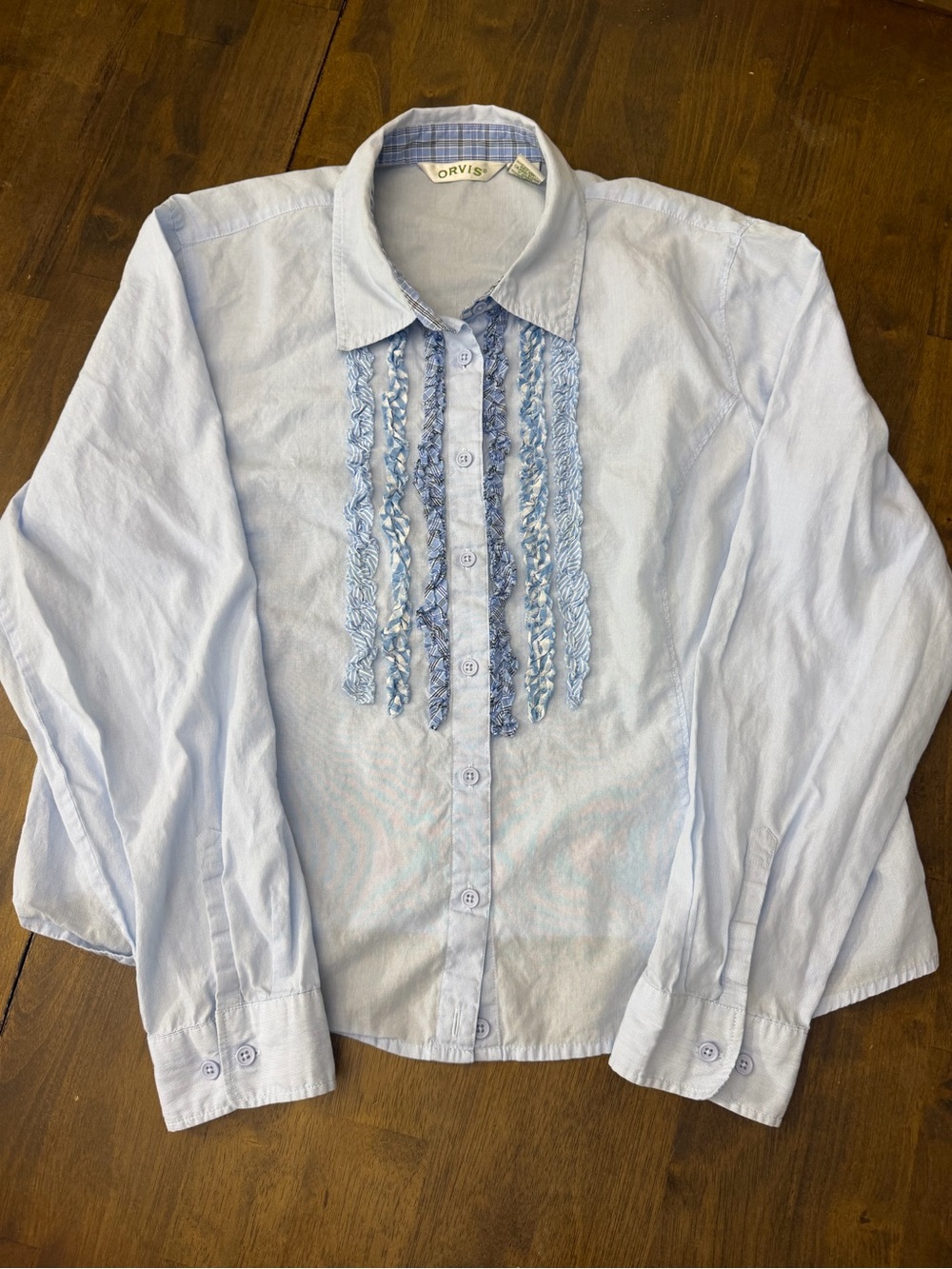 Orvis Women’s XL Light Blue Ruffle Pin Tuck Cotton Blouse